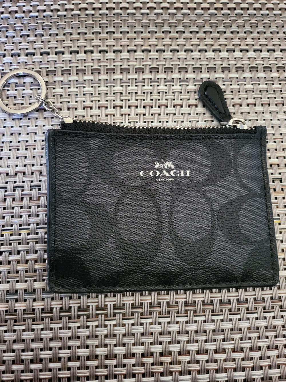 COACH Black Signature Zip Card Case Keyring